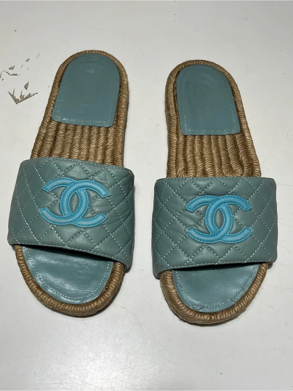 CHANEL Quilted Slide Sandals in Aqua and Rope